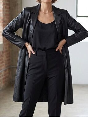 Clio 100% Leather Black Trench Coat Size 10‎